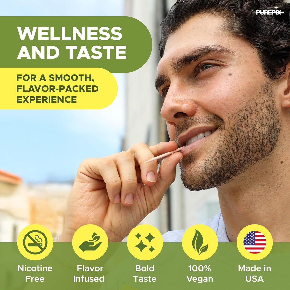 PurePix Mullein Pix extra thick herbal toothpicks packaging highlighting the nicotine free and kosher vegan labels.