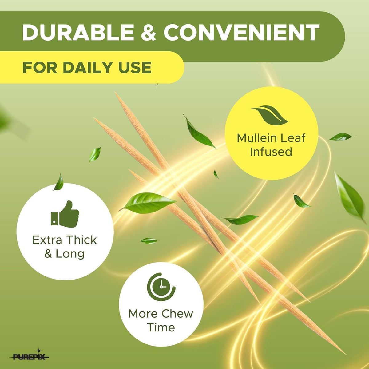 Detailed shot of the extra thick birchwood toothpicks infused with natural mullein leaf oil for respiratory wellness.