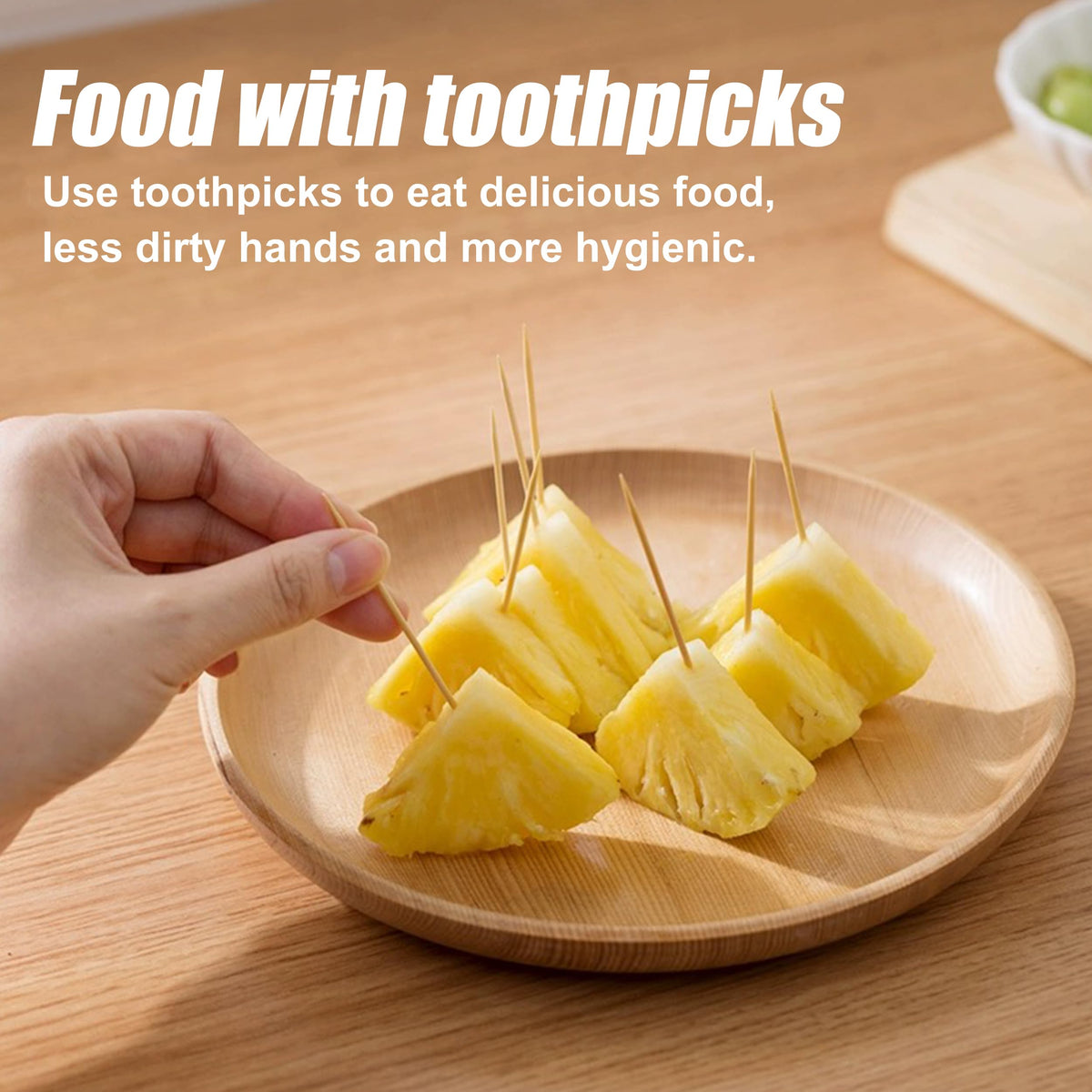 Uniformly polished round wooden toothpicks arranged neatly to highlight the burr free textured finish.