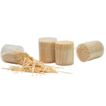 Four packs of five hundred count disposable wooden single point picks on a kitchen counter