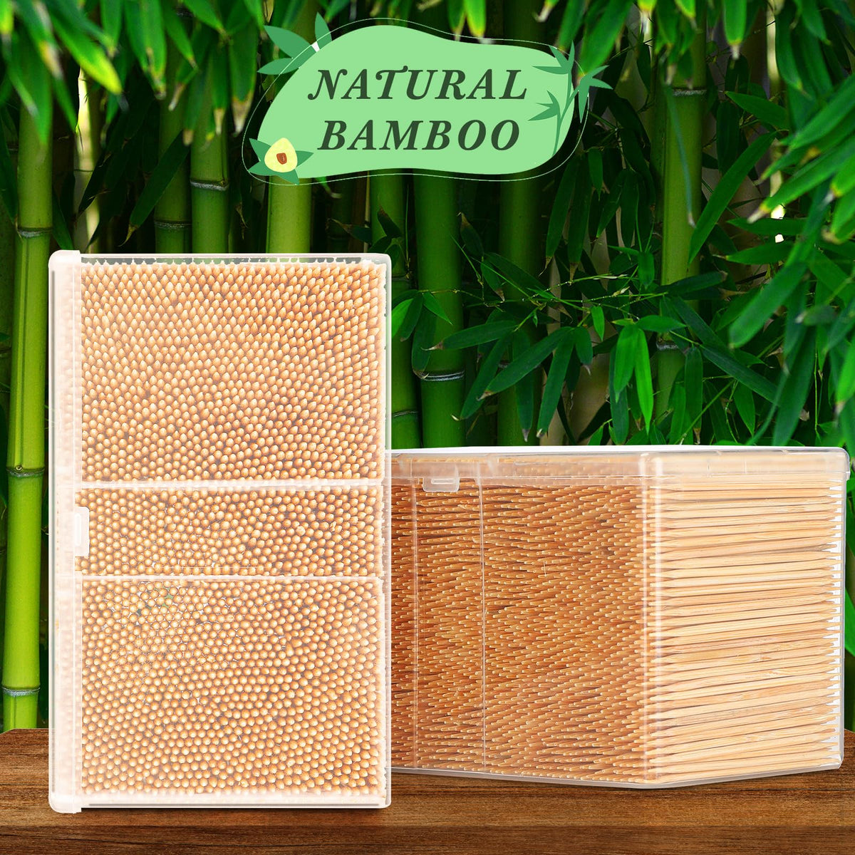 Side profile of the transparent reusable storage container filled with three thousand Jerify natural bamboo picks.