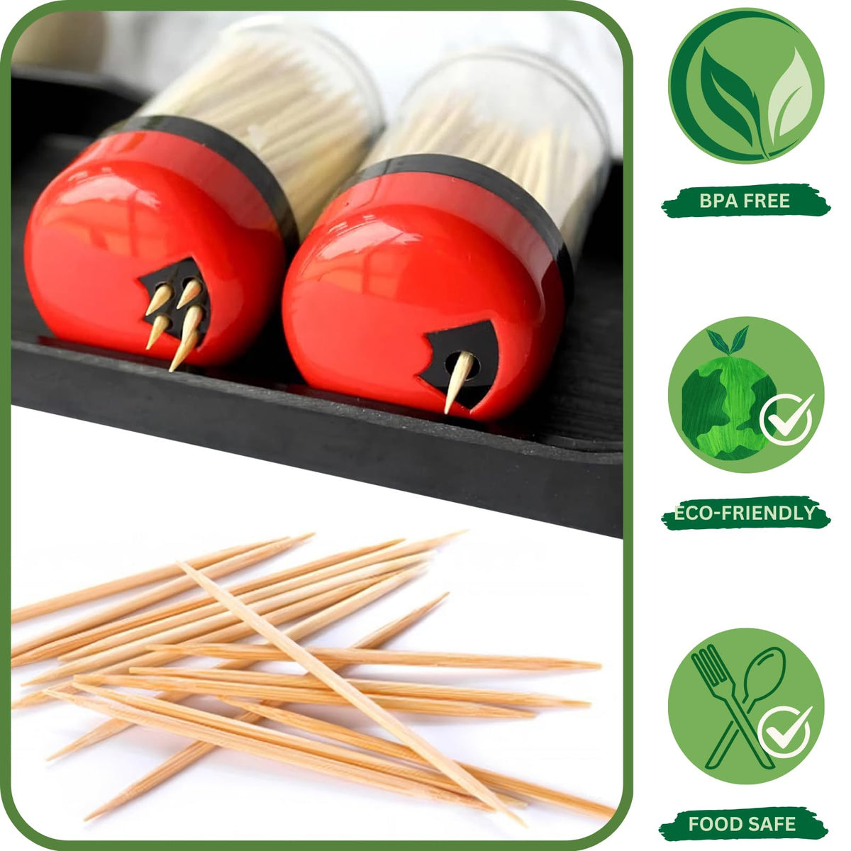 Premium eco friendly disposable wooden food picks inside a modern spill free holder