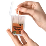 Four portable pocket sized containers of Mumufy adult cinnamon toothpicks stacked together for bulk oral care