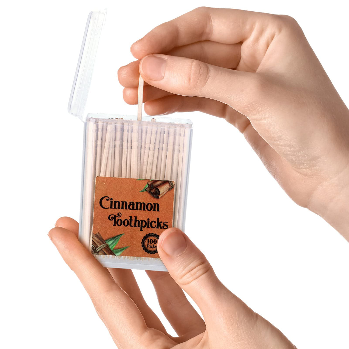 Four portable pocket sized containers of Mumufy adult cinnamon toothpicks stacked together for bulk oral care