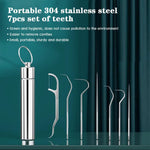 Seven pieces of reusable metal dental cleaning tools arranged neatly outside their silver case