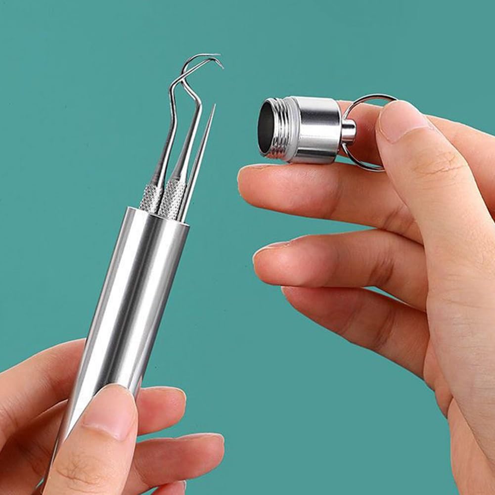 Hoedia travel dental flosser and sharp metal pick showing different head shapes for deep cleaning