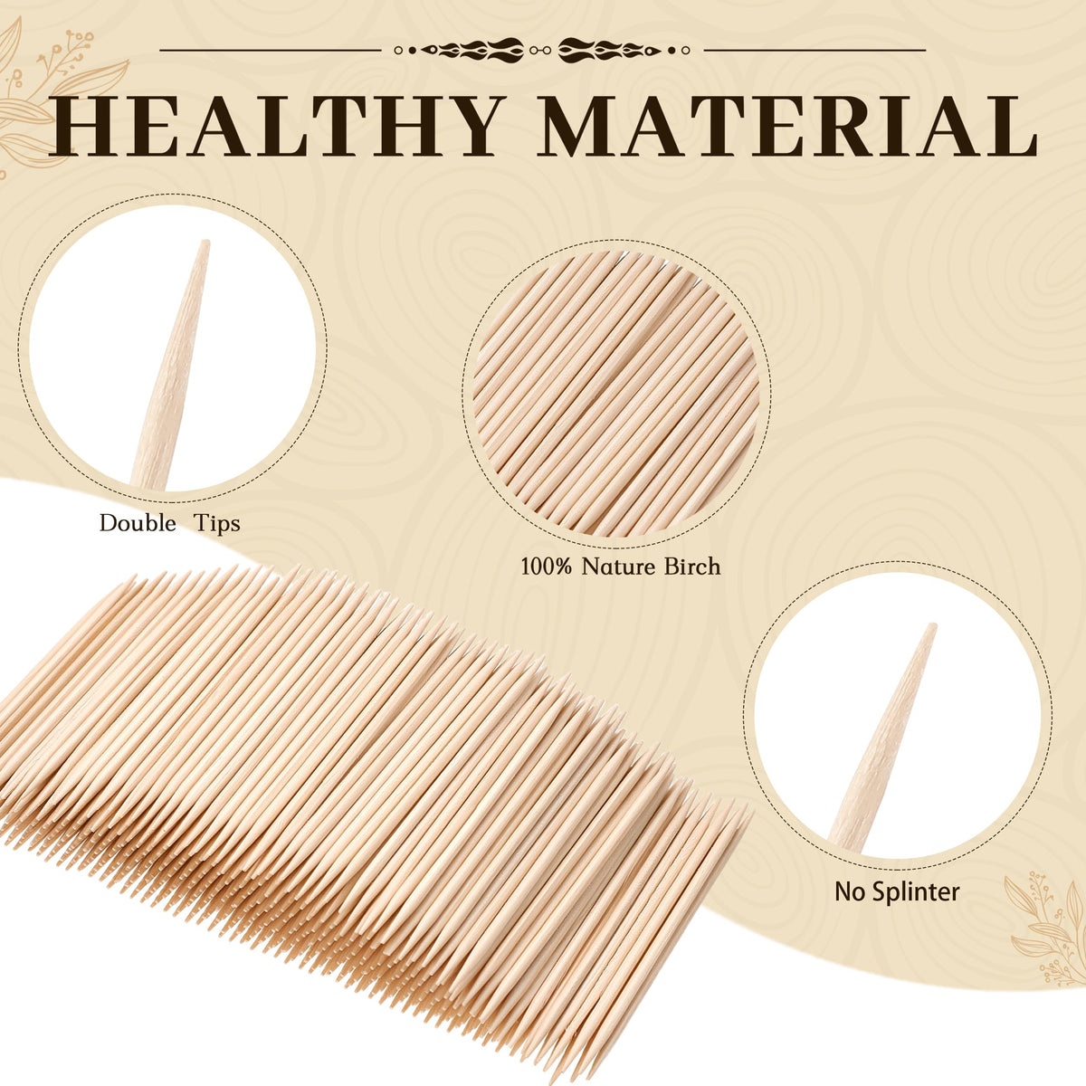 Double ended natural wood picks scattered neatly to display the uniform two point five inch length.