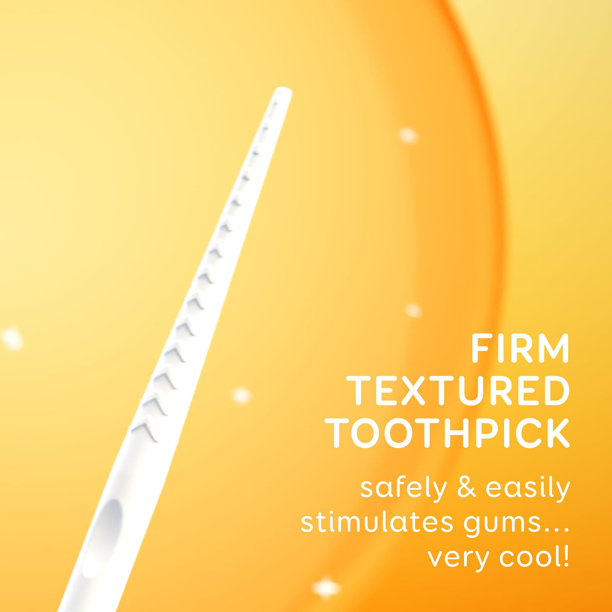 Close up view of the mint flavored flexible dental stick highlighting the dual cleaning options.