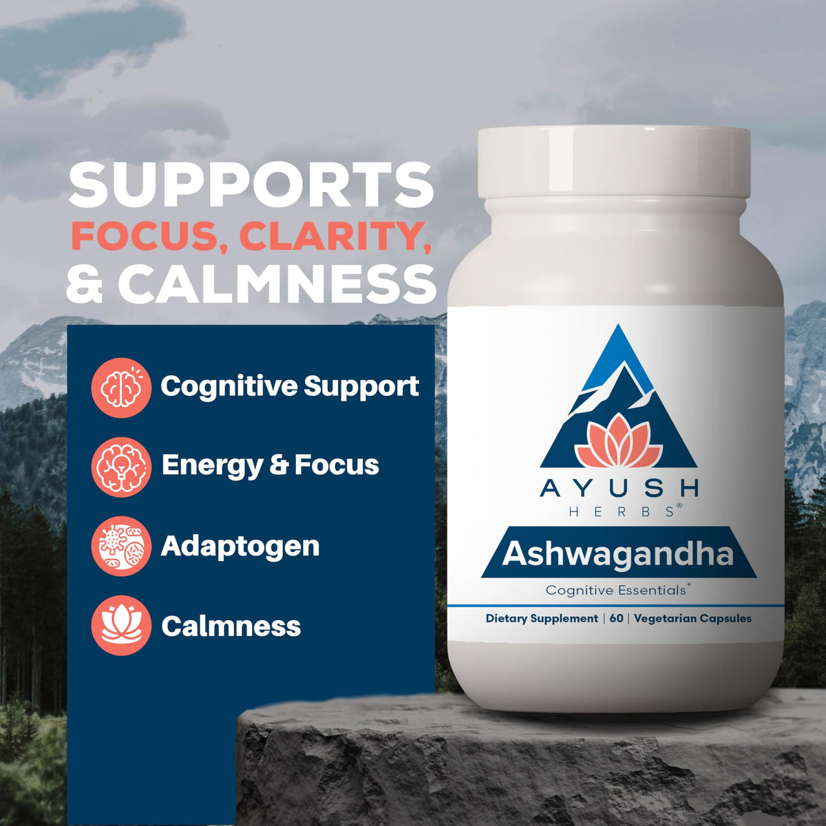 Ayush Herbs Ashwagandha vegetarian capsules nutritional facts label