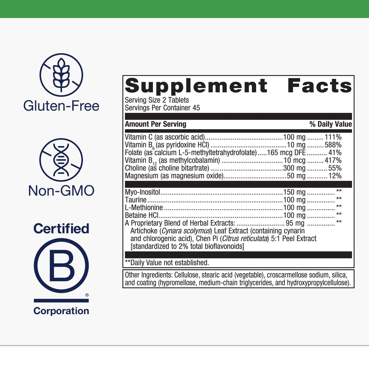 Close-up of the nutritional facts panel on Metagenics Lipo-Gen featuring choline and inositol doses