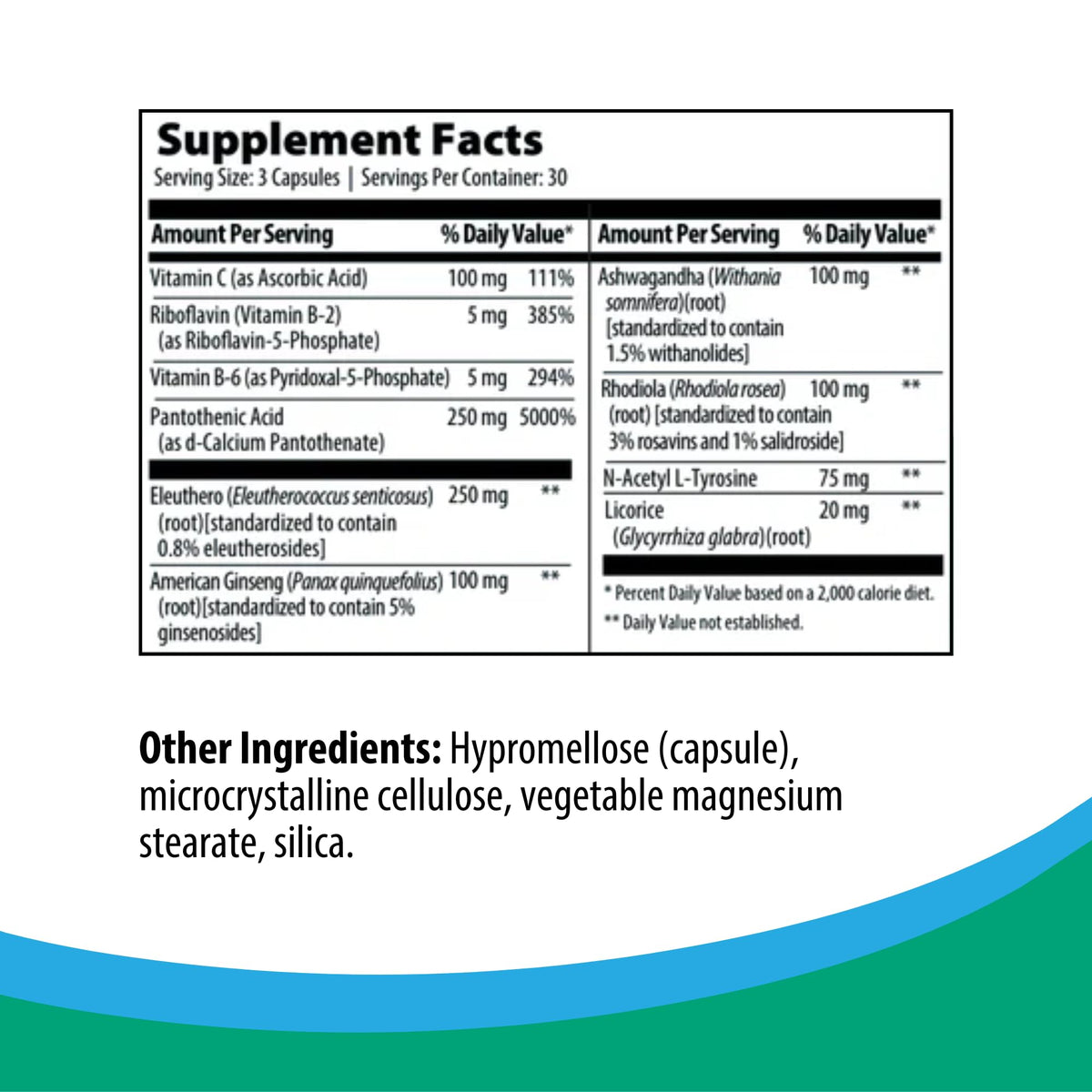 Rootcology Adrenal Support bottle displaying ingredients including Vitamin B6 and Licorice.
