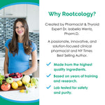 Back label of Rootcology Adrenal Support showing adaptogenic herbal formula instructions.