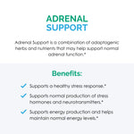 Rootcology Adrenal Support 90 capsules packaging highlighting premium health supplement benefits.