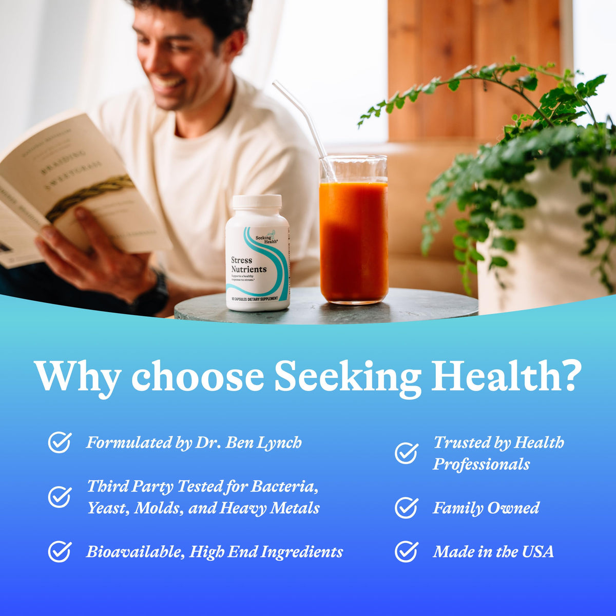 Seeking Health Stress Nutrients safety seal and manufacturing quality badge close up view.