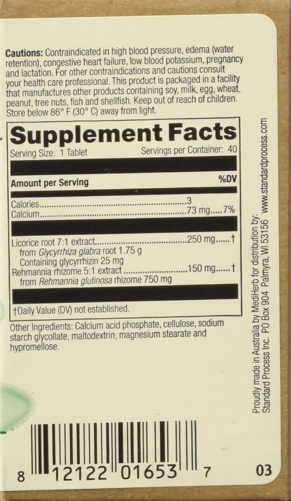 Mediherb Adrenal Complex supplement facts and ingredient label showing Licorice and Rehmannia.