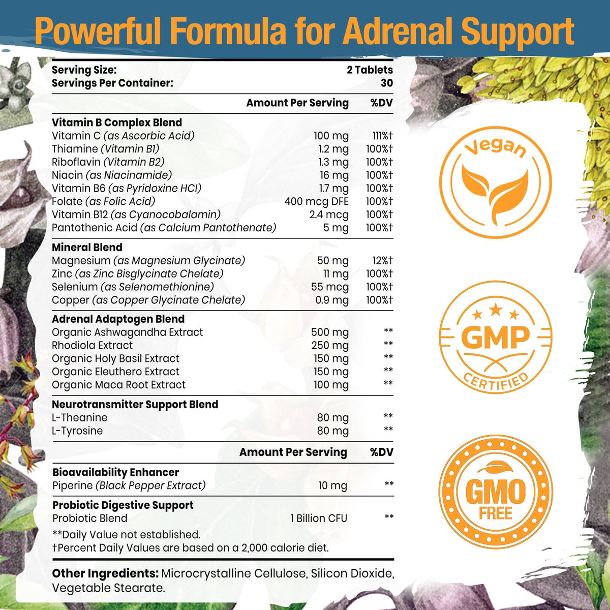 Tervaies Adrenal Support complex packaging detailing the blend of Rhodiola Rosea and Ashwagandha ingredients.