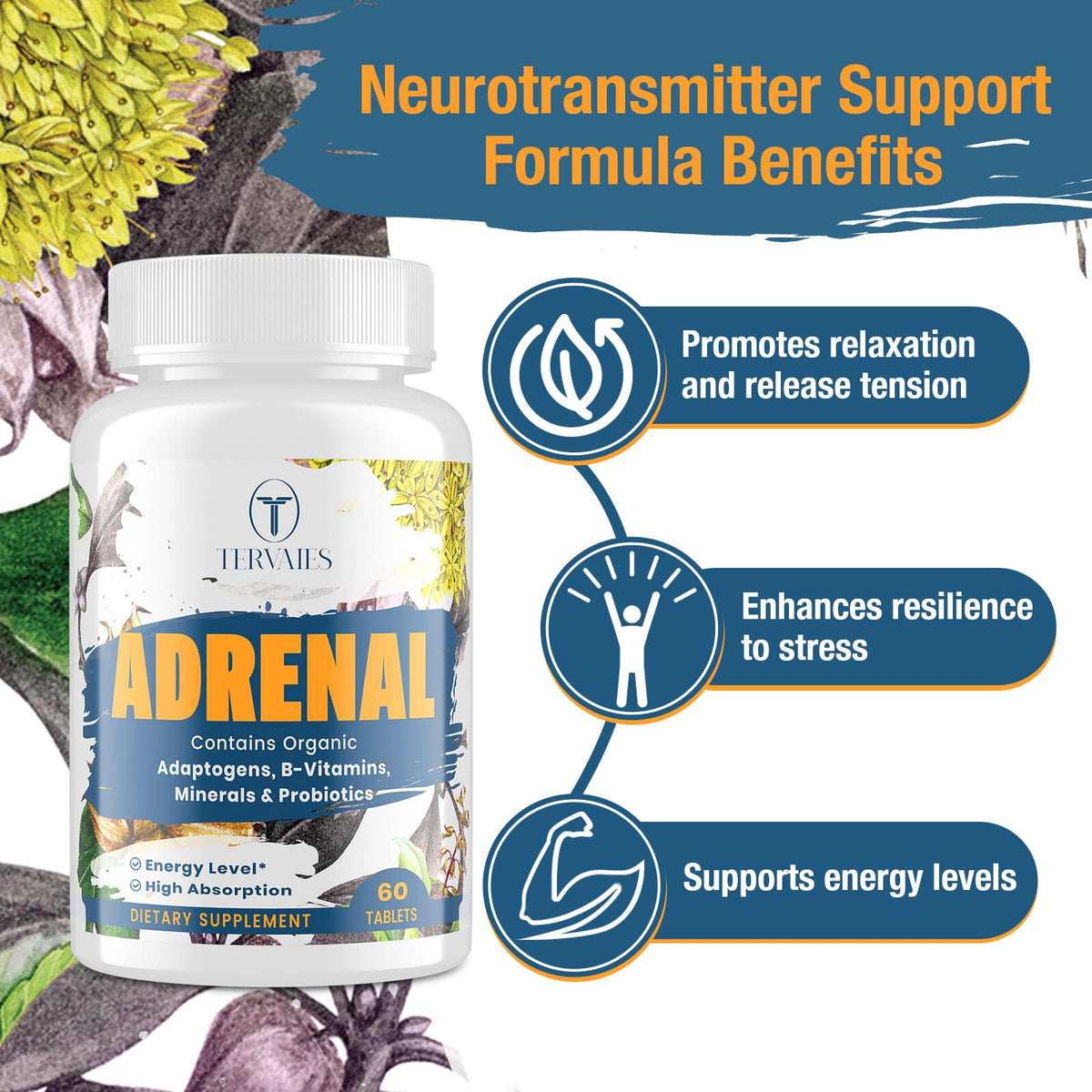 Authentic Tervaies imported herbal supplement bottle displayed with natural adaptogenic herbs background.