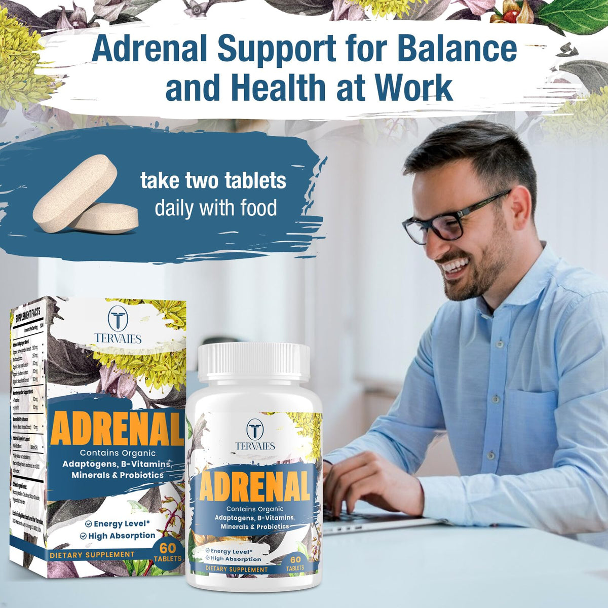 Tervaies mood and energy support tablets container highlighting high-absorption adaptogens for daily wellness.