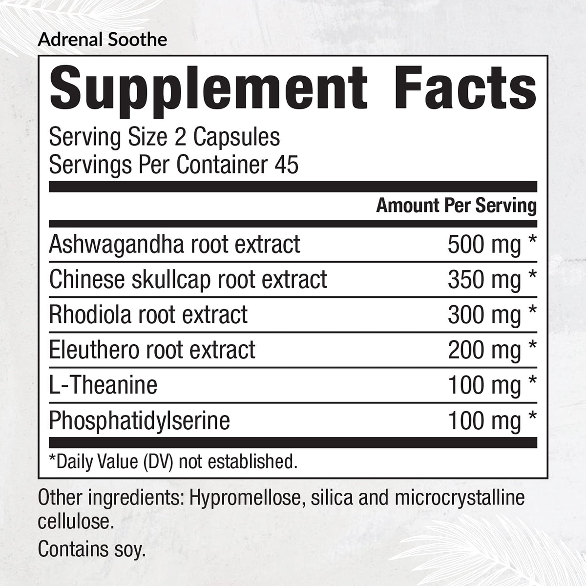 EquiLife herbal support supplement with ashwagandha and L theanine nutrition label