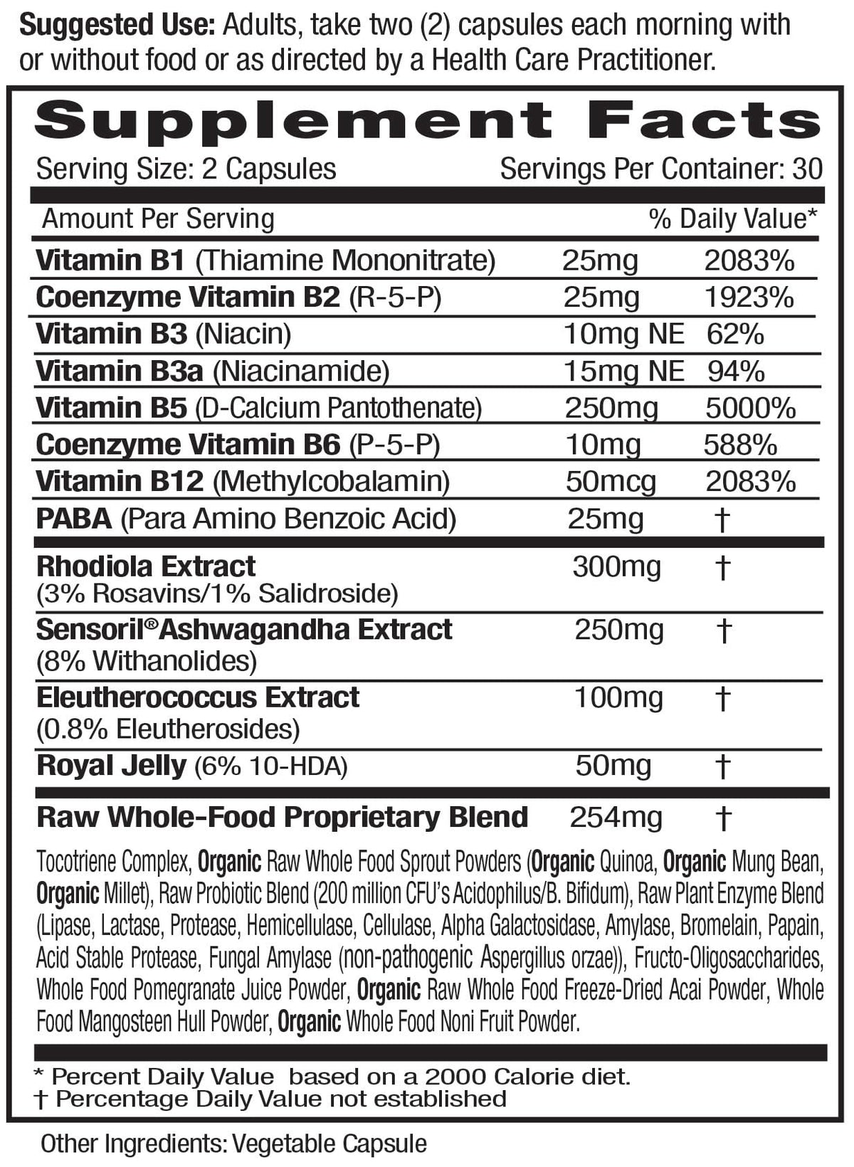 Emerald Labs Adrenal Health supplement side label displaying active adaptogenic ingredients.