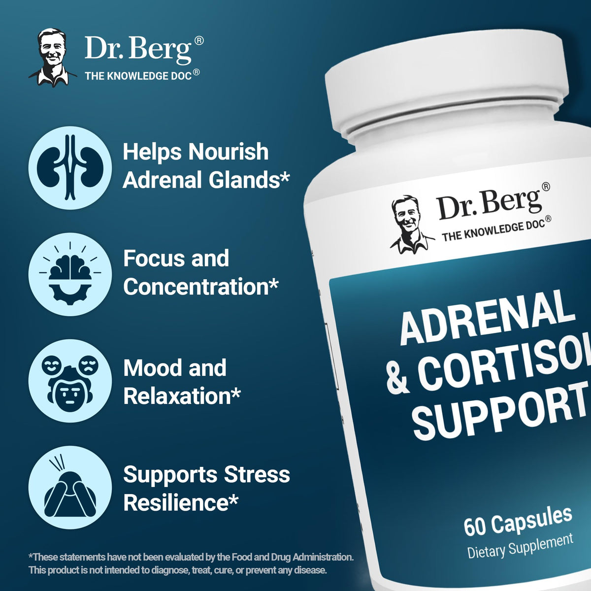 Back label of Dr. Berg Nutritionals Adrenal supplement illustrating complete vitamin mineral breakdown and nutritional yeast.