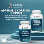 Dr. Berg Adrenal and Cortisol capsules packaging highlights showcasing GMP certification and USA manufactured assurance.