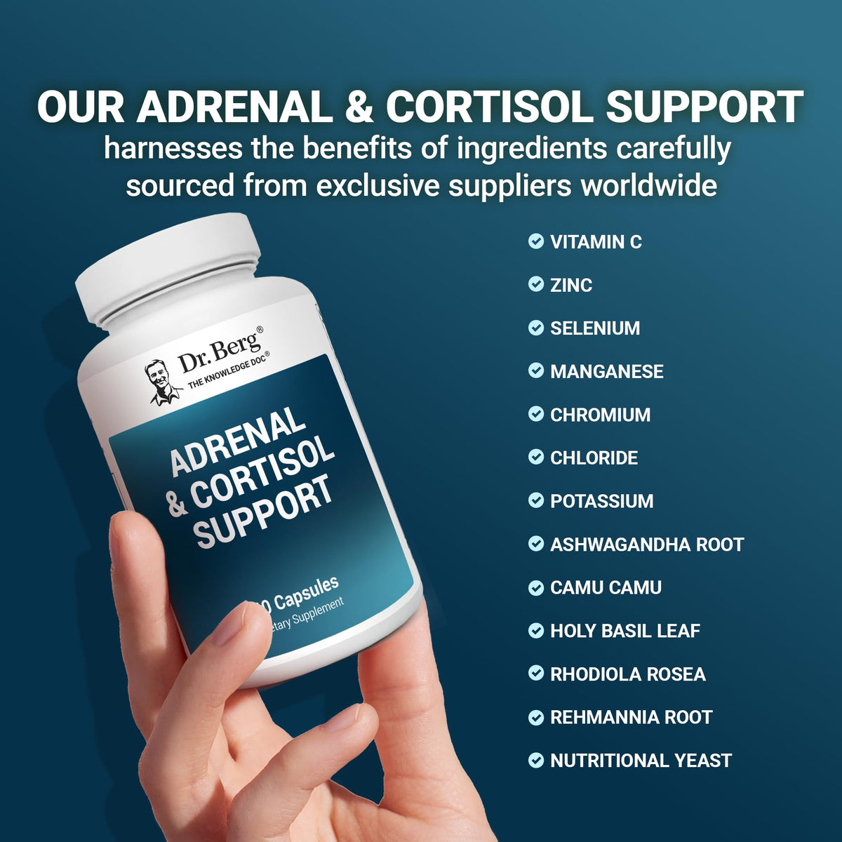 Dr. Berg Nutritionals stress support bottle emphasizing natural rhodiola rosea and adaptogens for everyday relaxation.