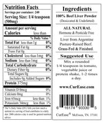 CurEase Grass Fed Beef Liver Powder undefatted supplement packaging back label