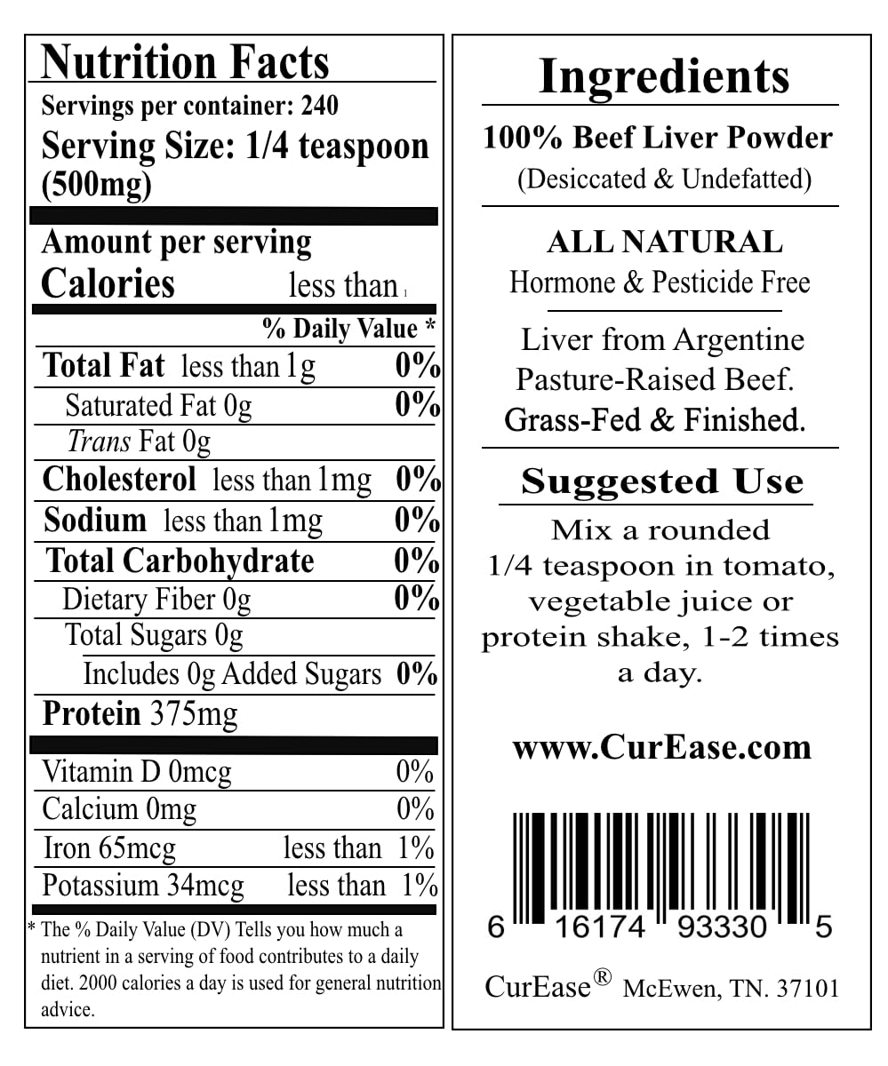 CurEase Grass Fed Beef Liver Powder undefatted supplement packaging back label
