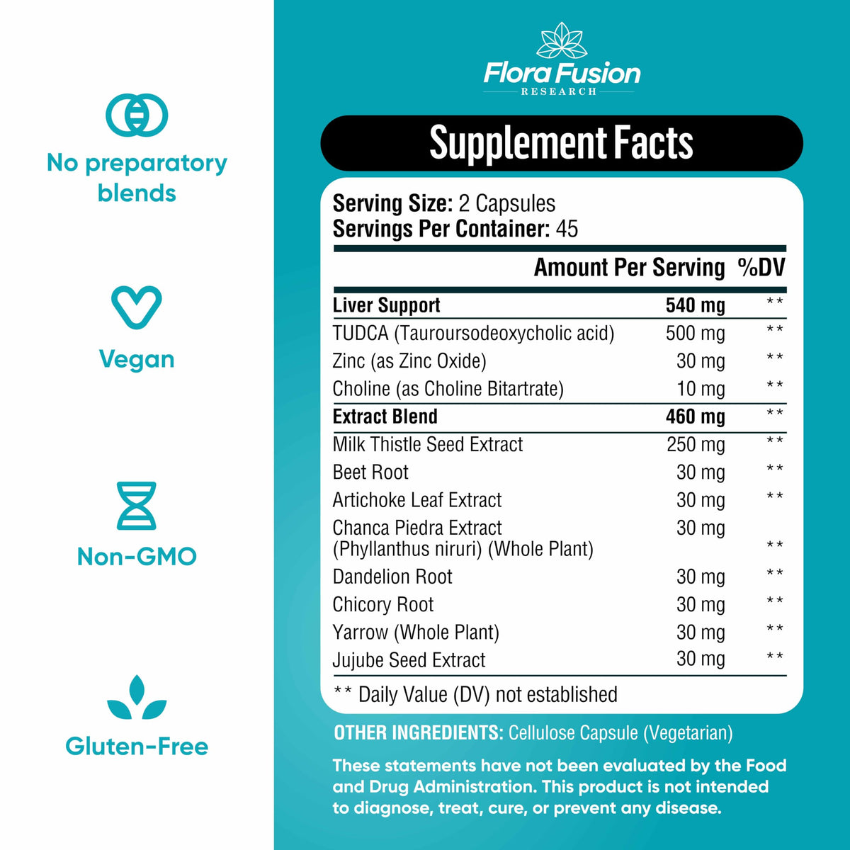 Flora Fusion Research TUDCA with milk thistle capsules group layout highlighting the 90 vegan capsules 45-day supply
