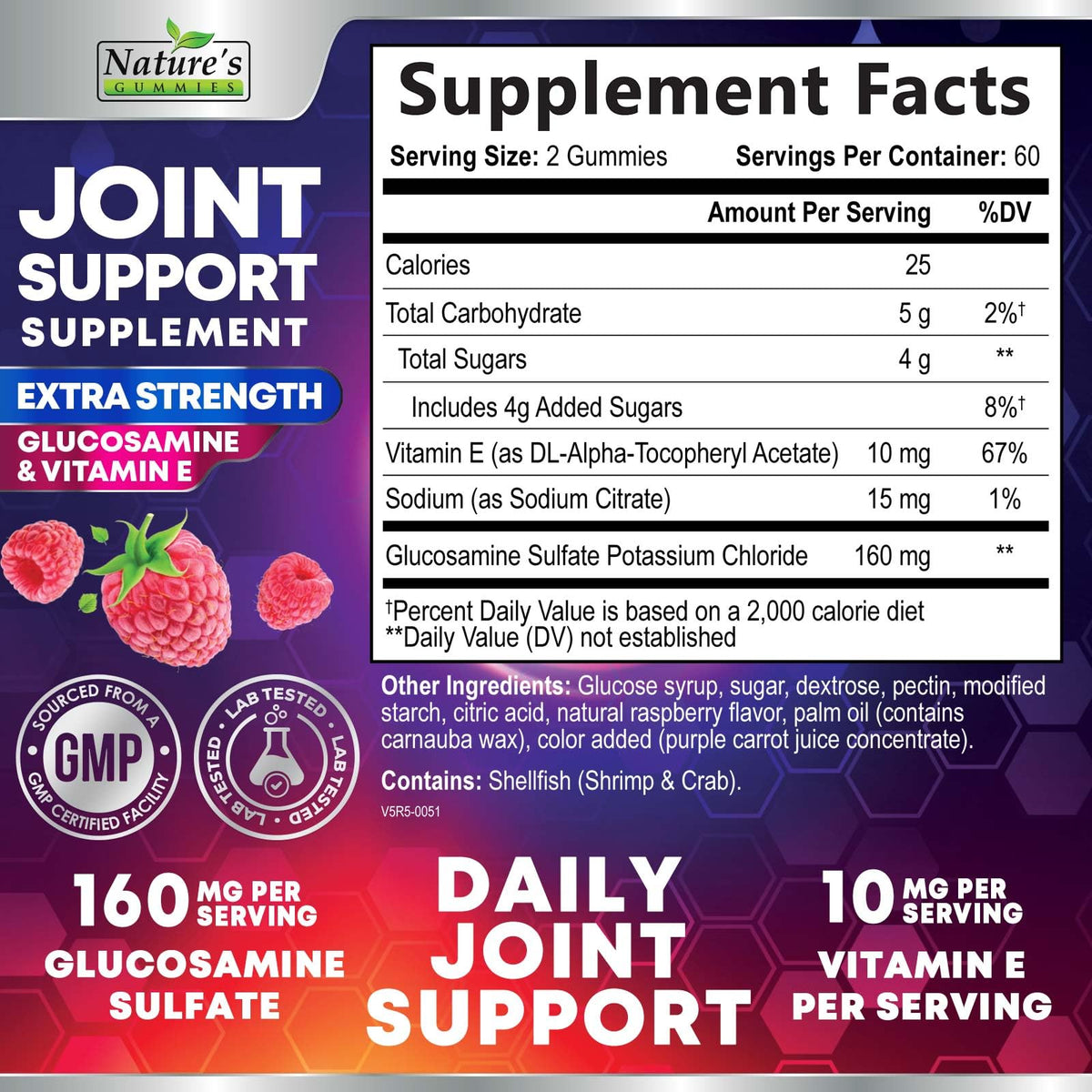 Nature's Nutrition joint health gummies supplement fact label showing active ingredients.