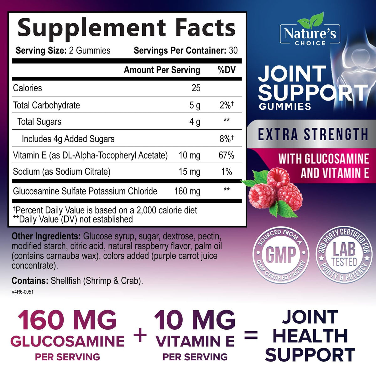 Nature's Choice Glucosamine Extra Strength dietary supplement nutrition facts label detailing ingredients