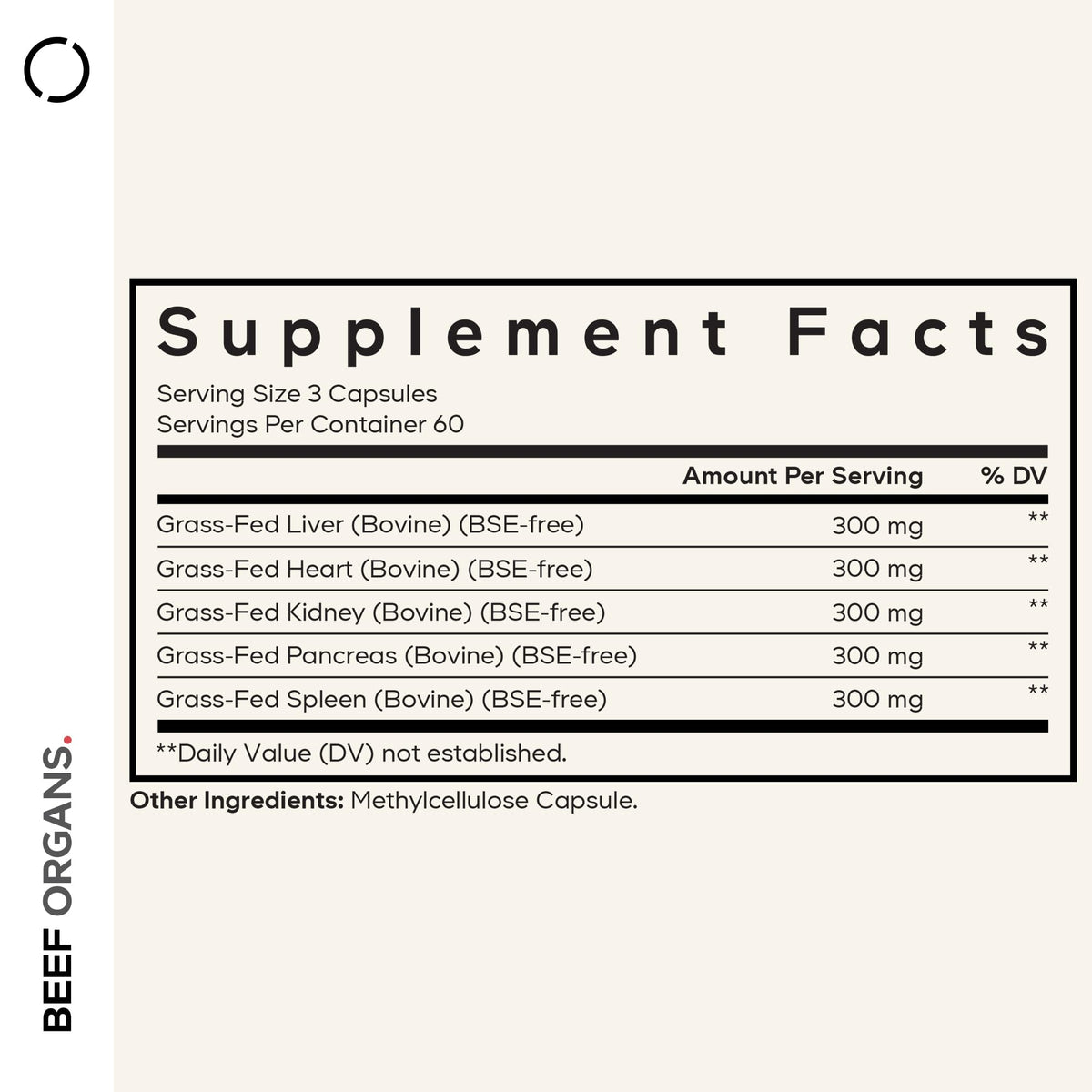 Side angle of Codeage desiccated multi-organ supplement bottle showcasing the clean ingredient list.