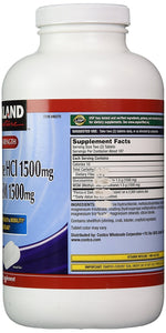 Side angle view of the imported Kirkland Signature extra strength joint comfort formula container highlighting dosage facts