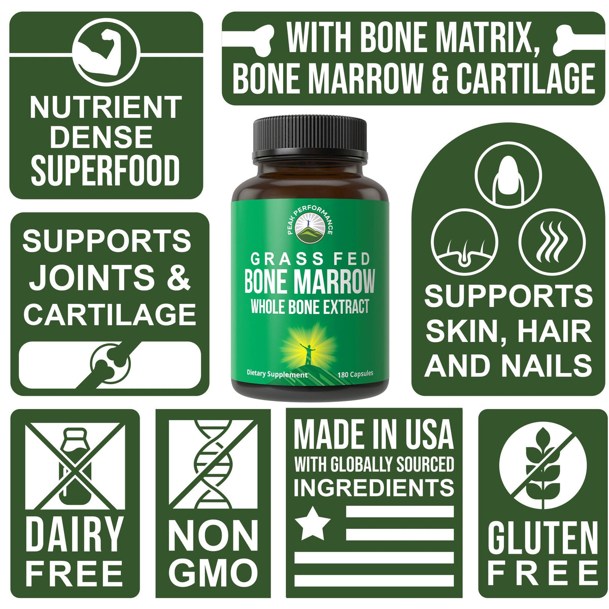 Side view of ancestral whole bone extract bottle outlining quality manufacturing certifications