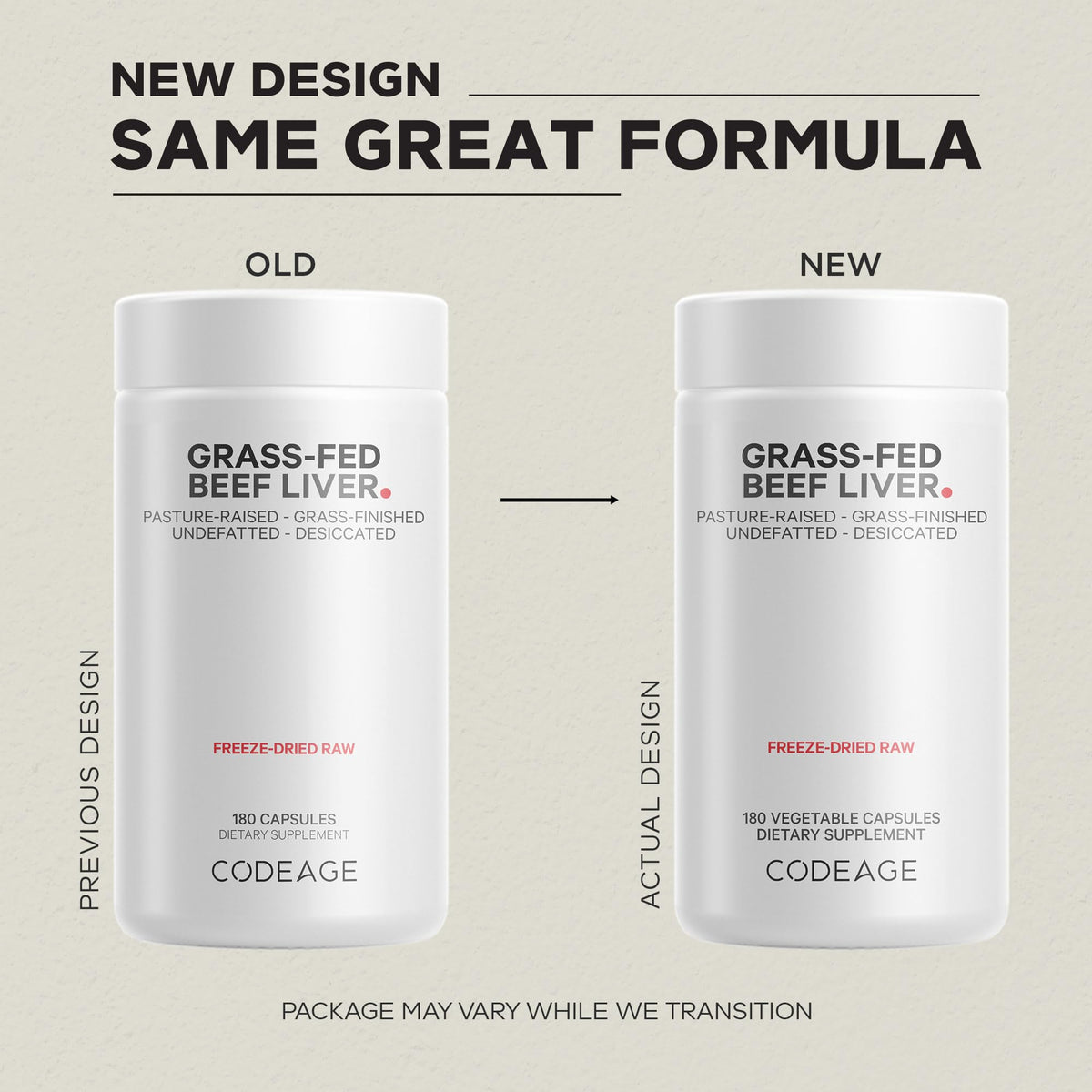 Codeage non-defatted desiccated beef liver capsules showing authentic USA imported packaging details