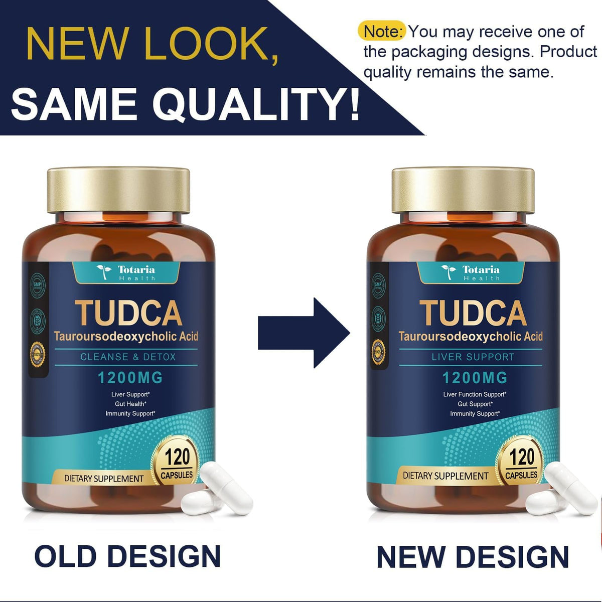 Totaria TUDCA 1200mg twin pack supplement showing GMP certified manufacturing seals
