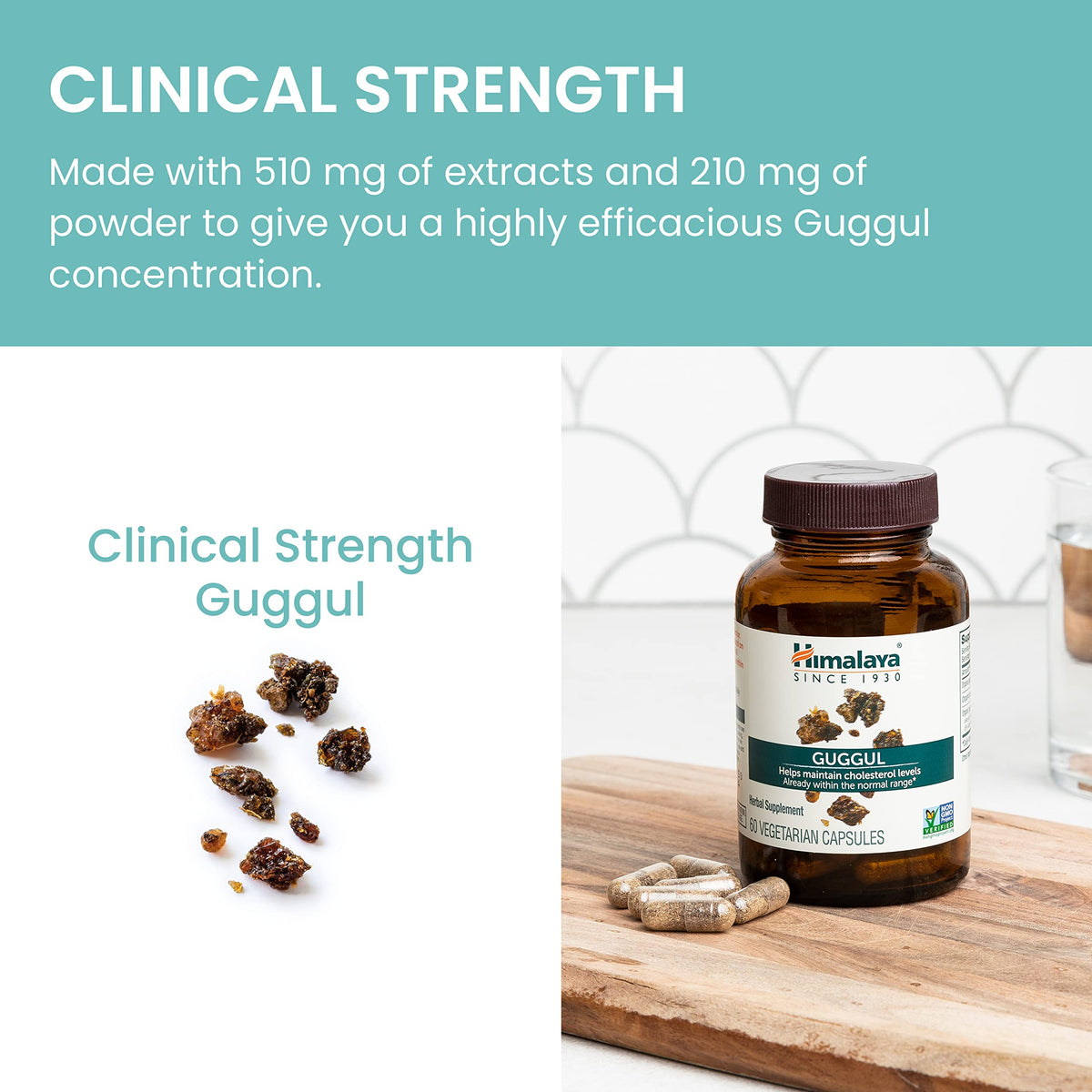 Close up of pure Guggul extract supplement by Himalaya showing clear vegetarian packaging details