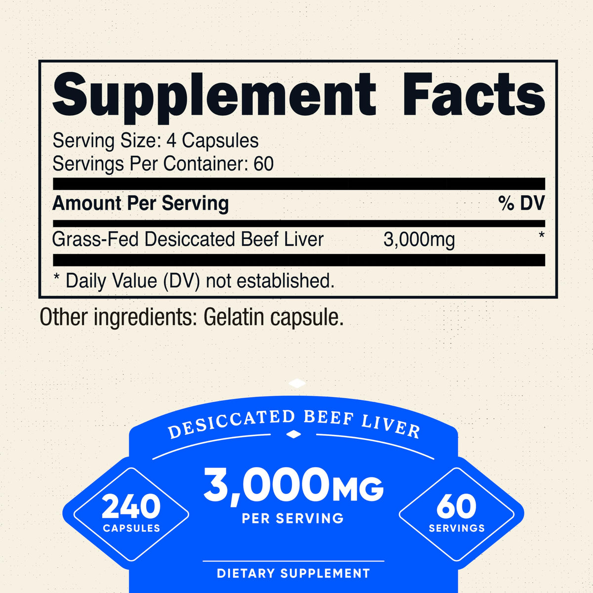 Nutricost pasture raised beef liver three thousand milligram dietary supplement bottle angled view.