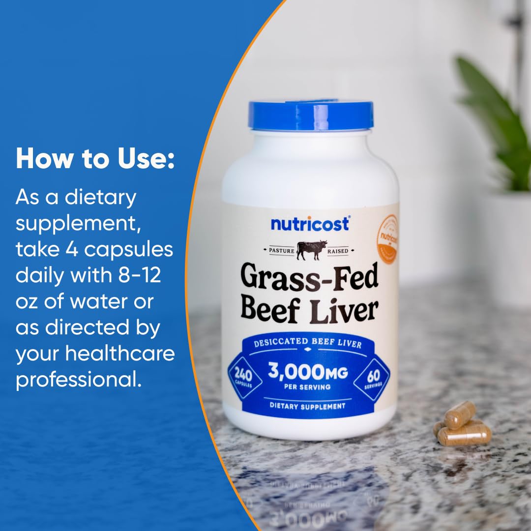 Nutricost grass fed desiccated beef liver nutrition facts showing clear milligram values per capsule.