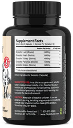 Back label of ForestLeaf pasture raised beef organ complex showing ingredients list and serving size.