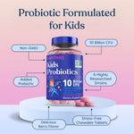 Lovebug kids chewable probiotic with prebiotic fiber bottle angle view demonstrating safe allergen free formula.