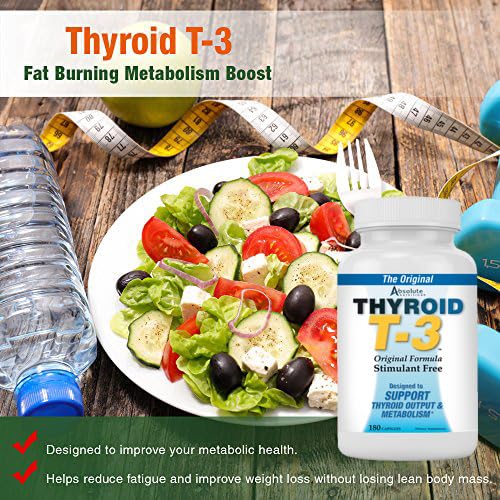 Authentic USA imported Absolute Nutrition Thyroid T-3 bottle highlighting energy and focus benefits