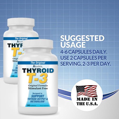 Absolute Nutrition Thyroid T3 180 count dietary supplement container placed upright on a white surface