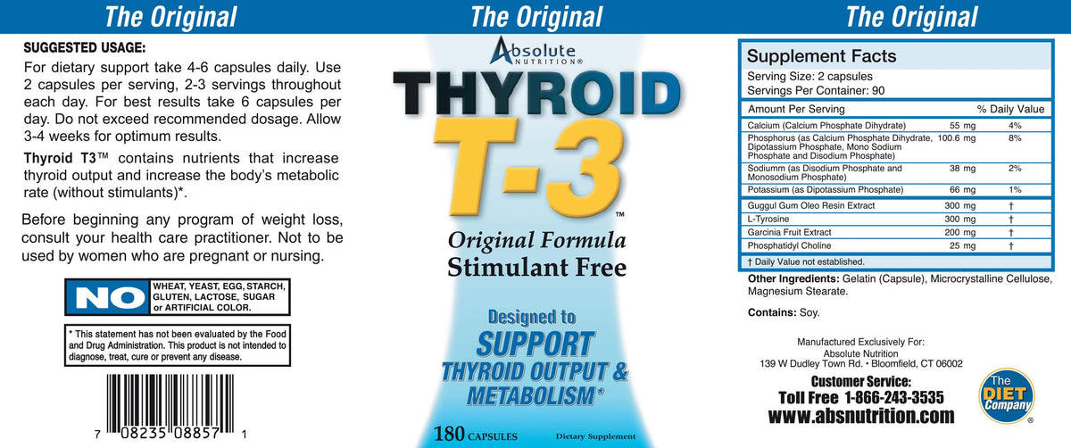 Full packaging view of Absolute Nutrition T3 metabolic support capsules displaying the authentic manufacturer details
