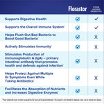 An unboxed amber glass bottle inside Florastor dual action packaging containing 20 vegetarian capsules.