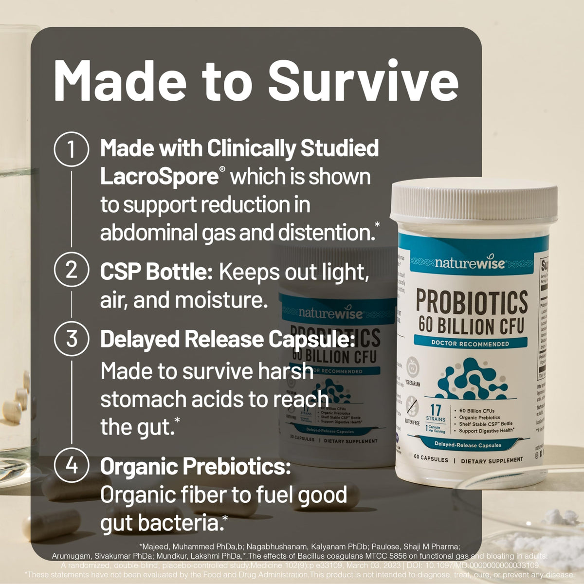 Back label view of NatureWise daily probiotic supplement outlining the 60 billion colony forming units ingredient breakdown.