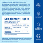 Flavorless liquid probiotic drops dropper top and bottle angle