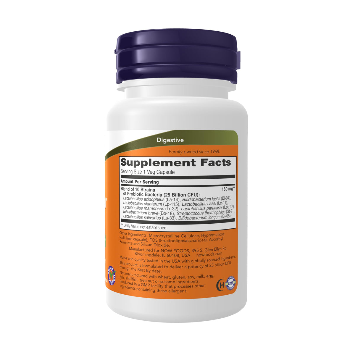 Now Foods Probiotic-10 25 Billion 50 Vegetarian Capsules side label detailing ten probiotic strains.