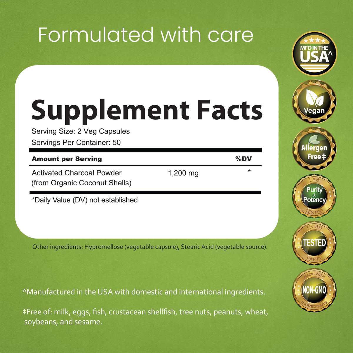 NaturaLife Labs Activated Charcoal 100 vegan capsules for gas and bloating relief